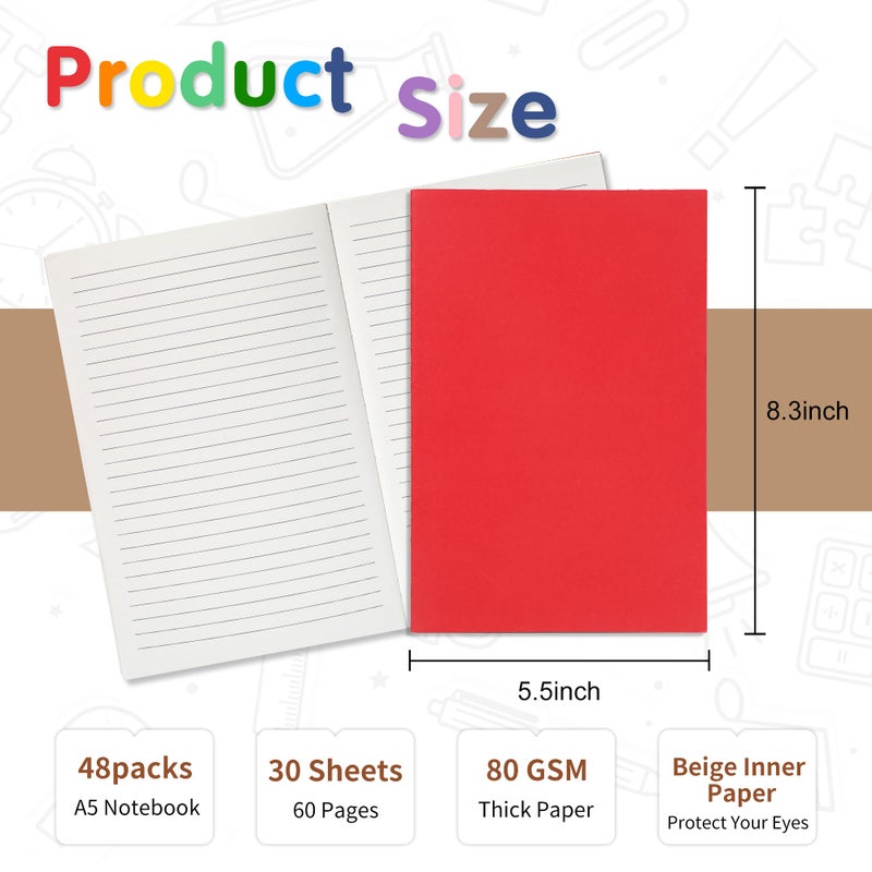 miikoul 48 Pack Colorful A5 Lined Notebook, 8.3x5.5 Inches A5 Small Journals Bulk for Travelers, 60 Pages/30 Sheets College Ruled Subject Notebooks 80 GSM for Students Traveler School Office Supplies - Image 2